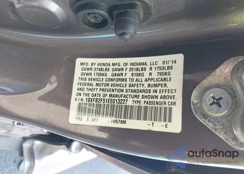 2014 Honda Civic Lx z USA, uszkodzony, nr VIN 19XFB2F51EE013227